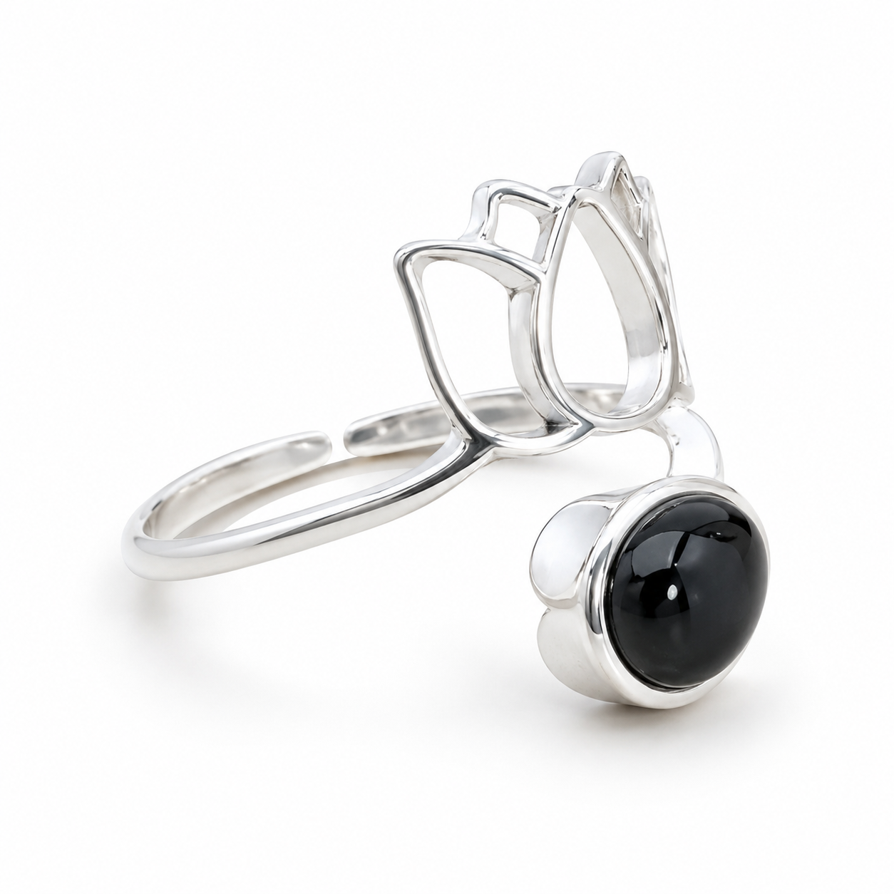 Bague lotus obsidienne noire  argent 925