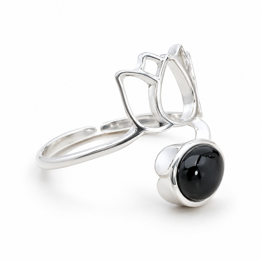 Bague lotus obsidienne noire  argent 925
