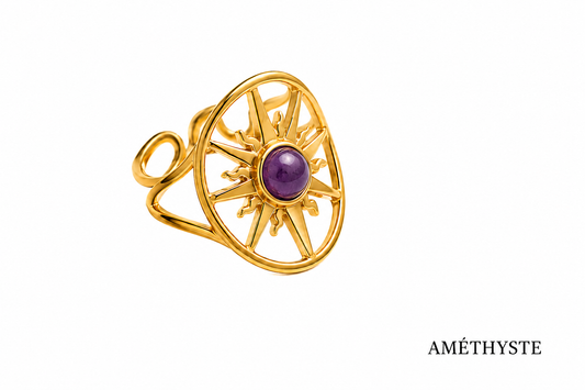 Bague soleil pierre ronde et acier inoxydable