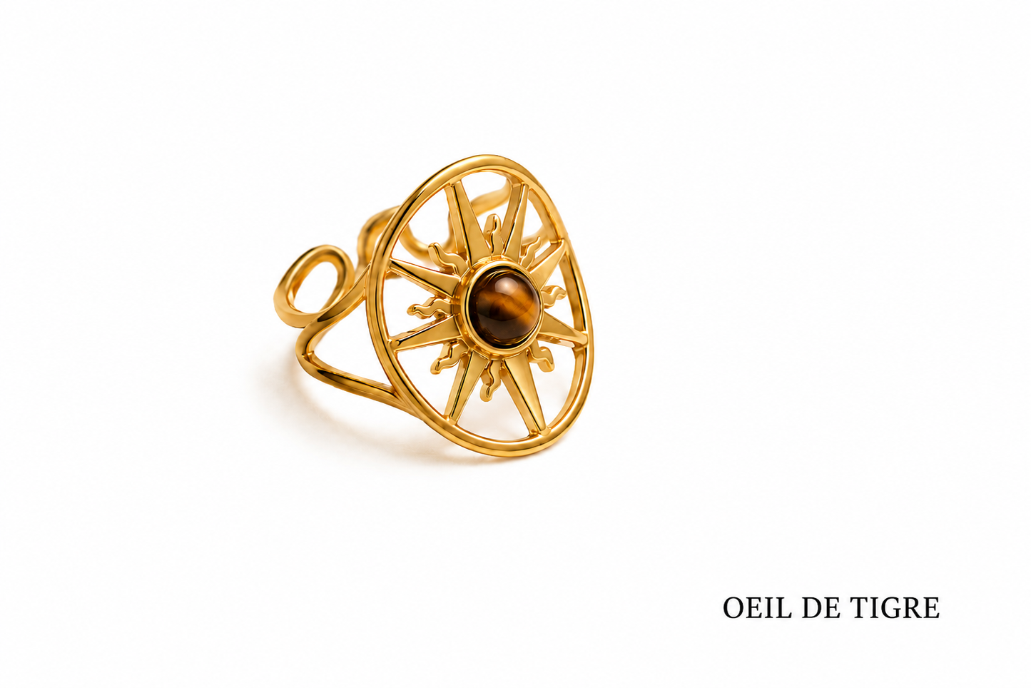 Bague soleil pierre ronde et acier inoxydable
