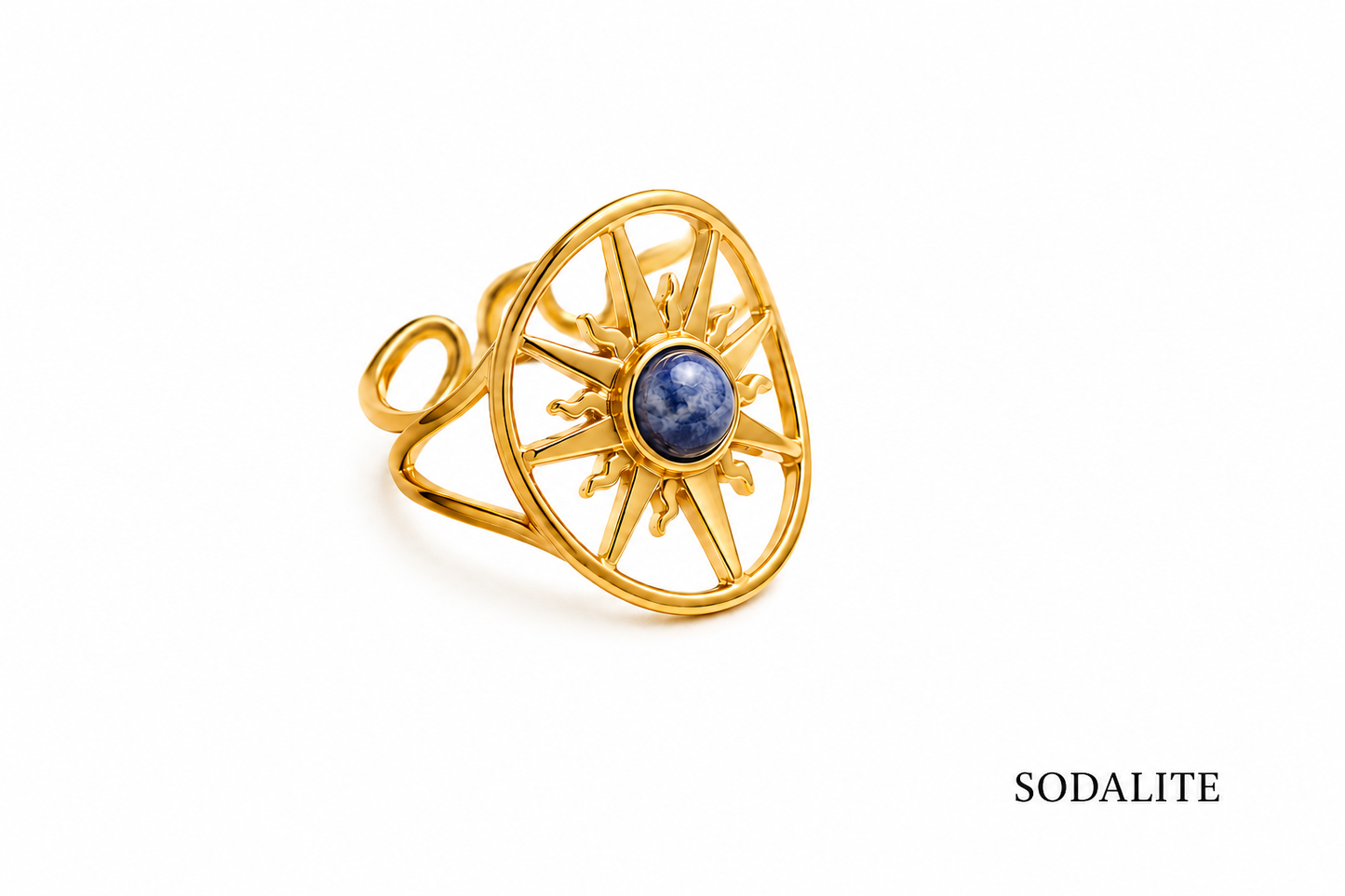 Bague soleil pierre ronde et acier inoxydable