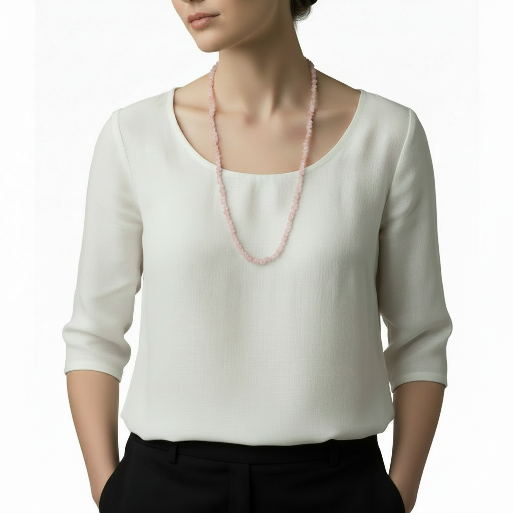 Collier sautoir Tariguente Quartz rose - mise en situation